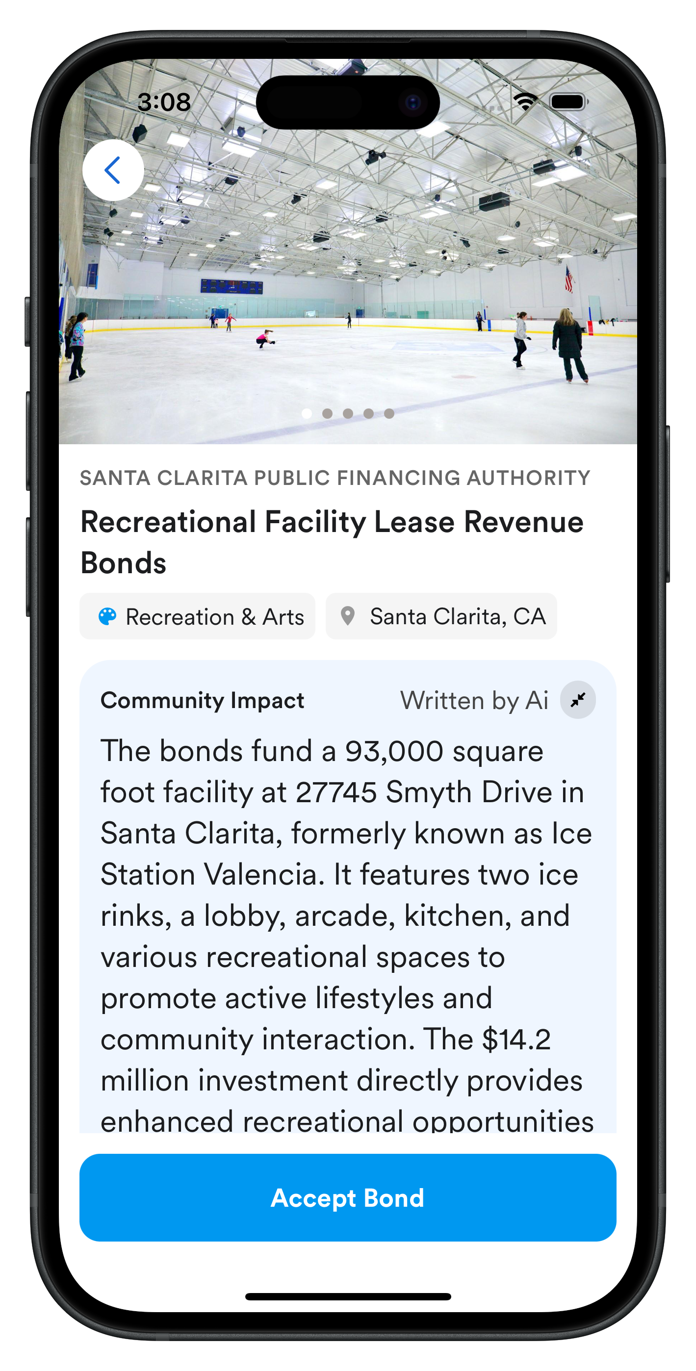 Detailed bond information showing local ice rink project